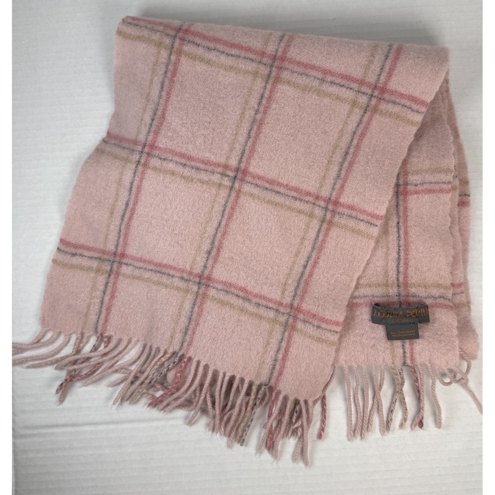Louisa Perini Women's Plaid  100% Cashmere Fringed Scarf Pink Grey Tan